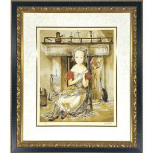 暖炉の前の少女　リトグラフ