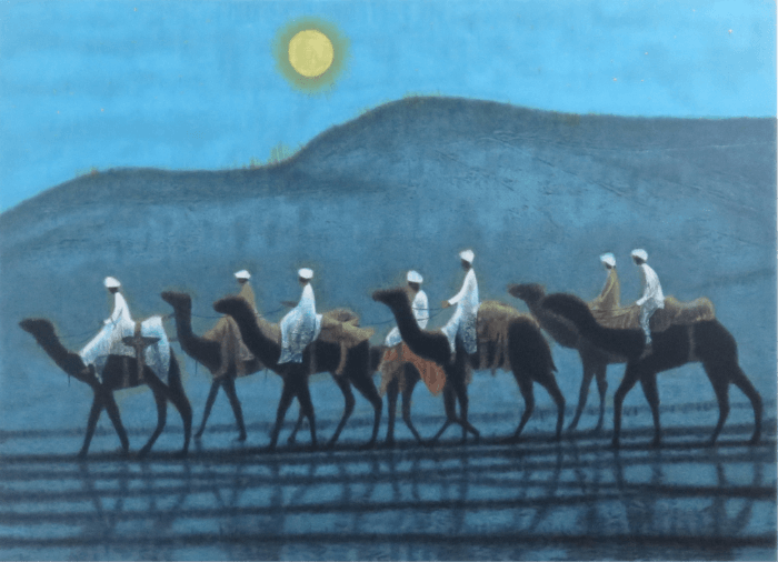 月光砂漠らくだ行 リトグラフ