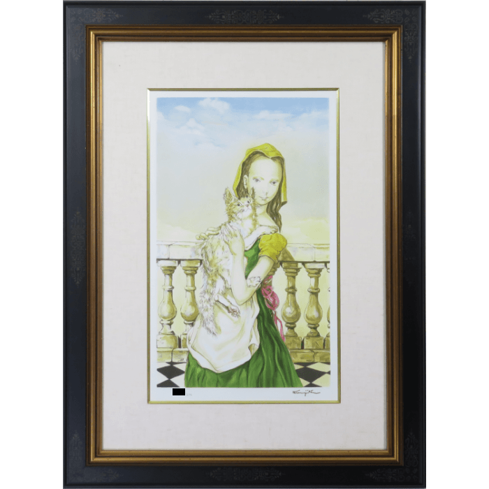 バルコニーの猫と少女 エスタンプ