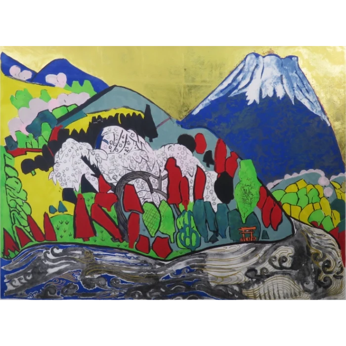 芦ノ湖の富士 リトグラフ本金箔